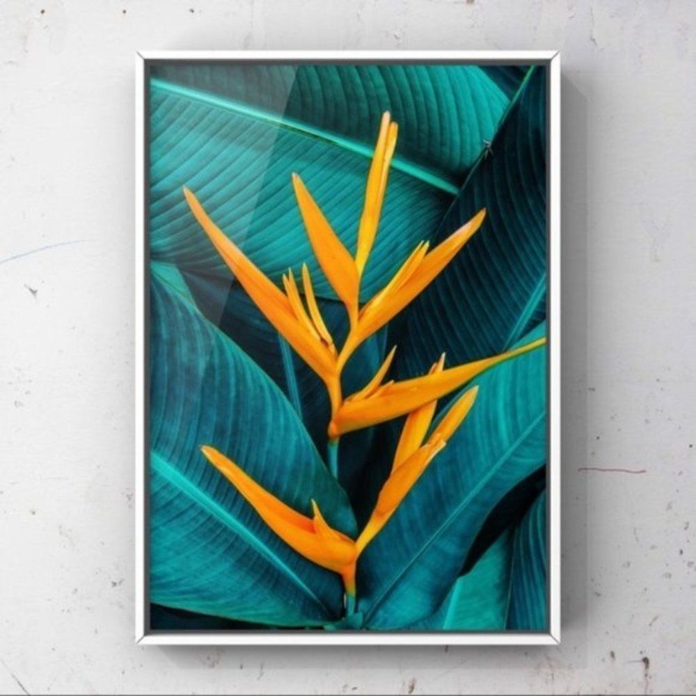 Orange flower green large leaves art print